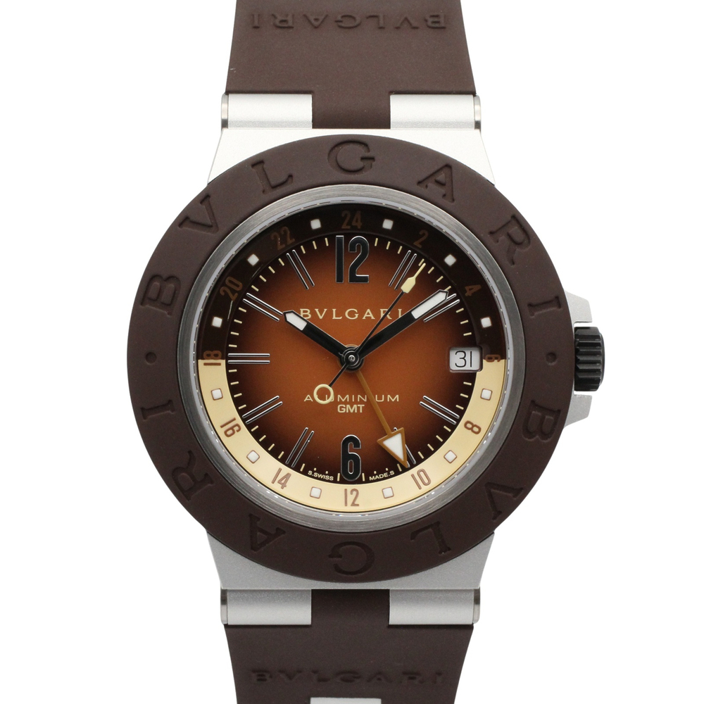 Bulgari BVLGARI Aluminum GMT Watch, Rubber Strap, Aluminum, Men's, Brown, BB4...
